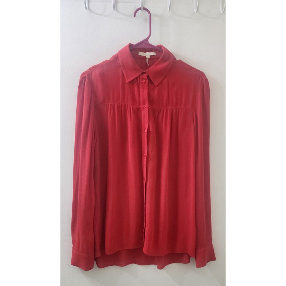 Maje Red Viscose Crepe Button Down Blouse Gathered Yoke Long Sleeve Top Size 1
